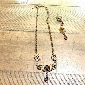 Vendome  Teardrop Lavalier Necklace Earrings Gold Amethyst   Demi Parure Set